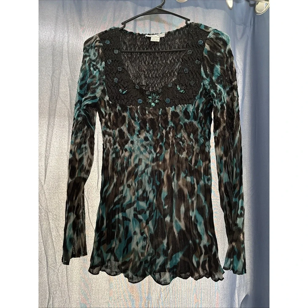 Alberto Makali Crinkled Stretch Y2K Fairy Boho Funky Long Tunic Shirt Top Sz Med - Picture 1 of 8